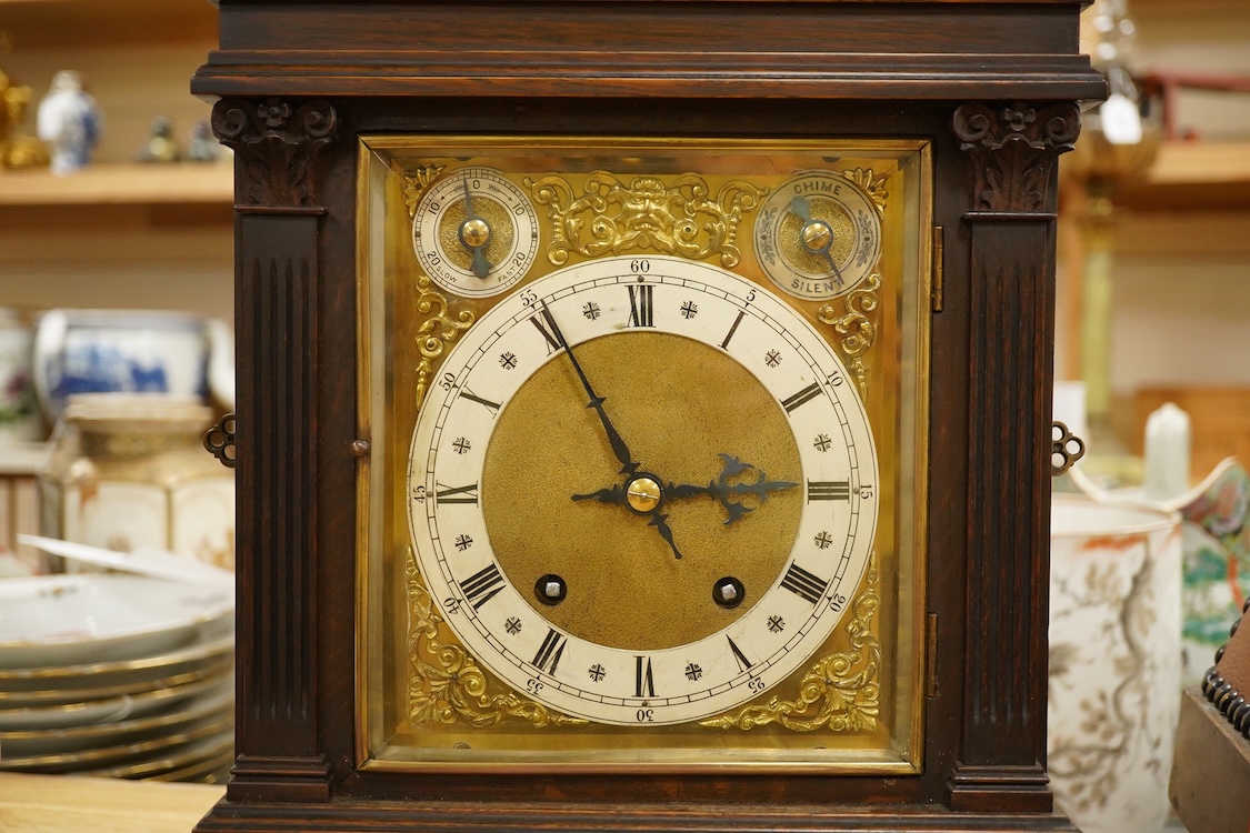 A mahogany 19th century German two train mantel clock, striking on two coiled gongs, 41cm high.